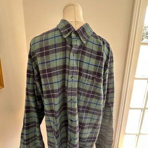 J. Crew Blue Green White Plaid Flannel Leather Elbow Patch Shirt Men's XL